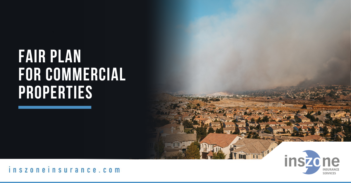 Commercial property at risk of wildfire with protective measures.